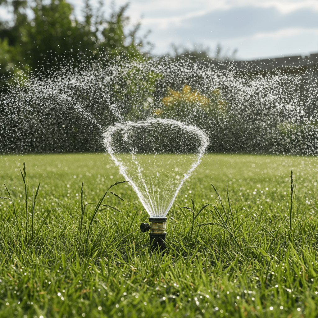 Sprinkler head spraying water on green lawn