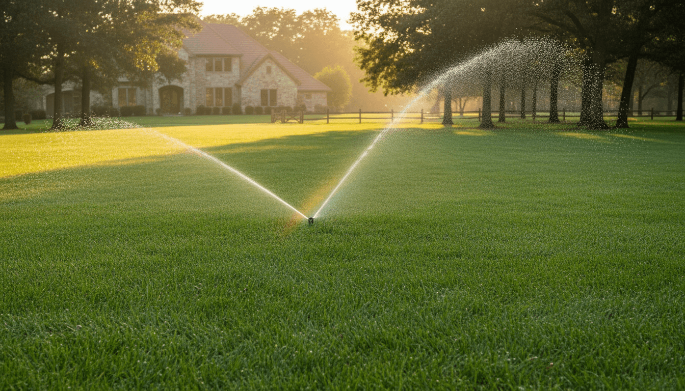 Sprinkler watering a lush green lawn in warm sunlight