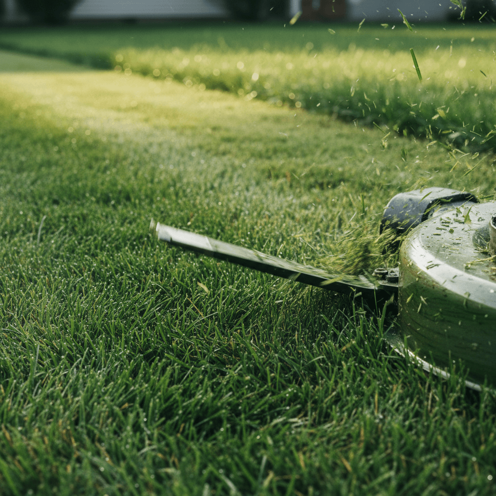 Close-up of a lawn mower cutting green grass in a yard