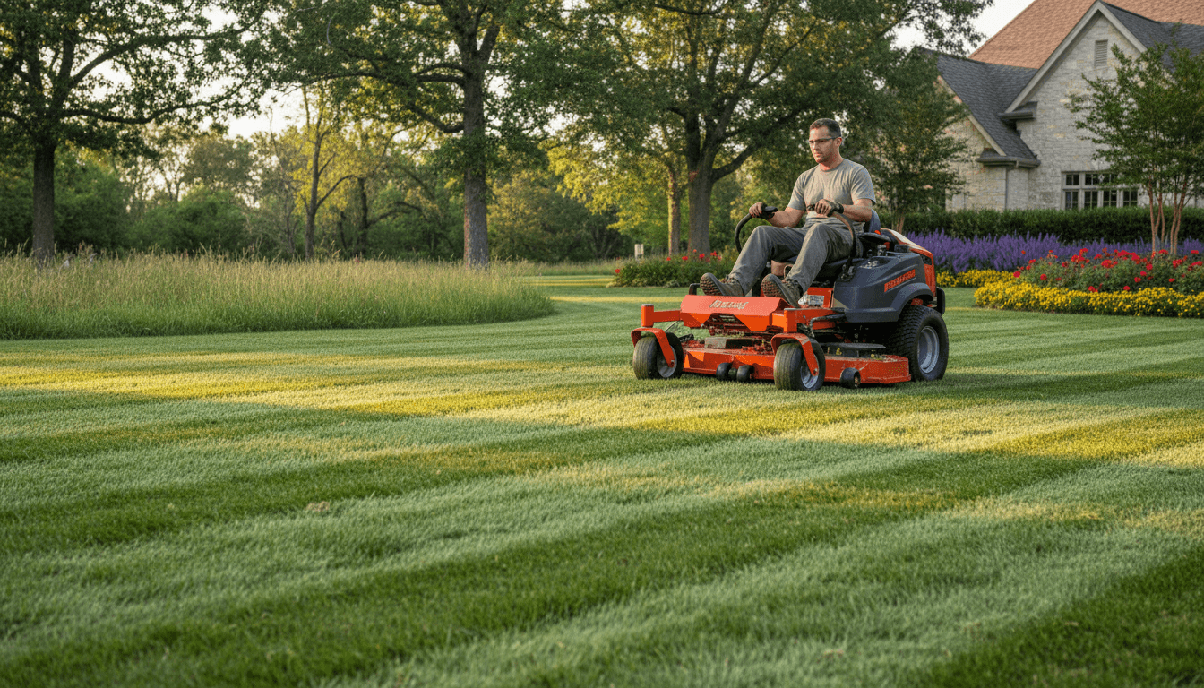 lawn mower cutting green grass in residential yard