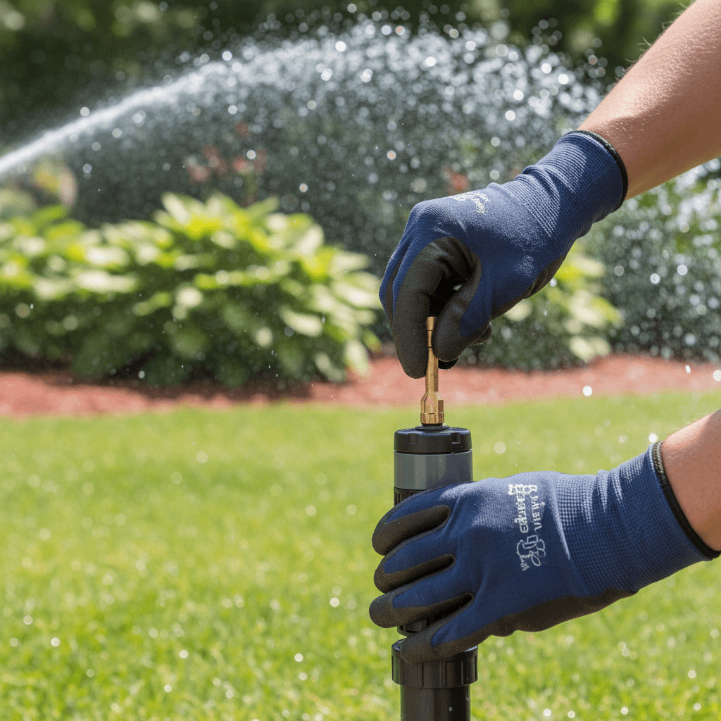 Lawn sprinkler head spraying water across green grass