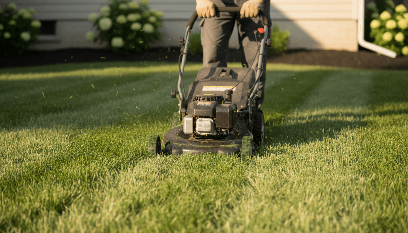 Professional landscaper mowing a healthy green lawn in a sunny backyard