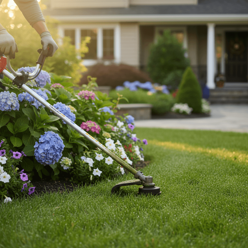 String trimmer edging along a lawn in a residential yard