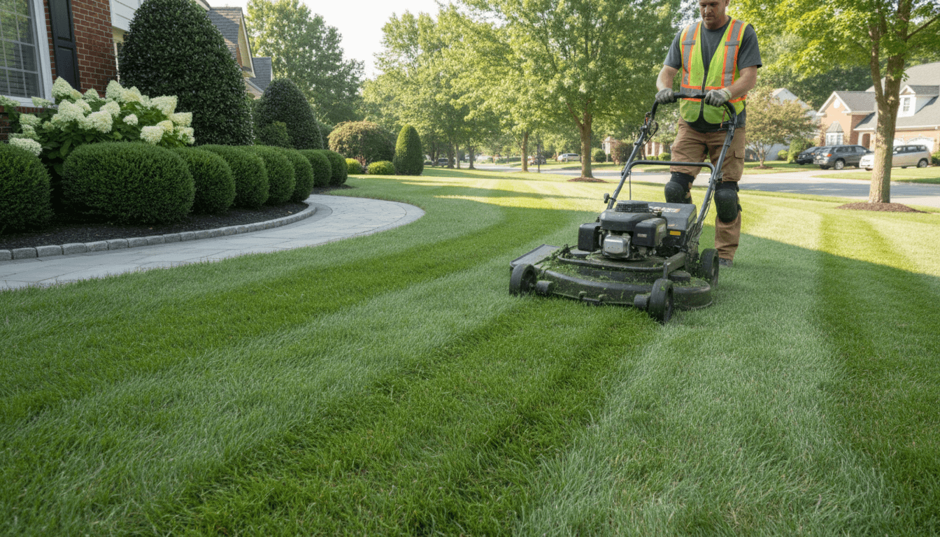 Lawn care worker mowing green residential lawn with professional mower