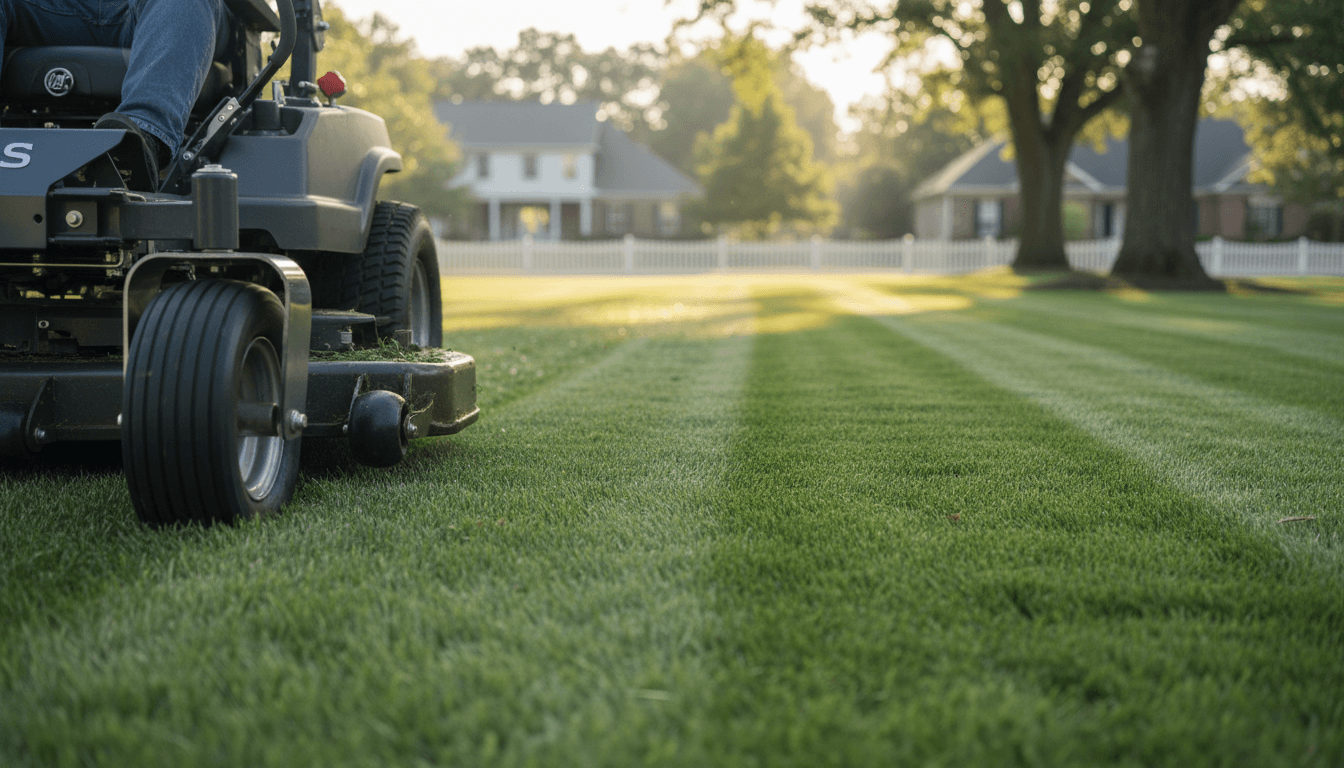 Professional zero-turn mower cutting grass with clean stripe patterns in well-maintained suburban yard