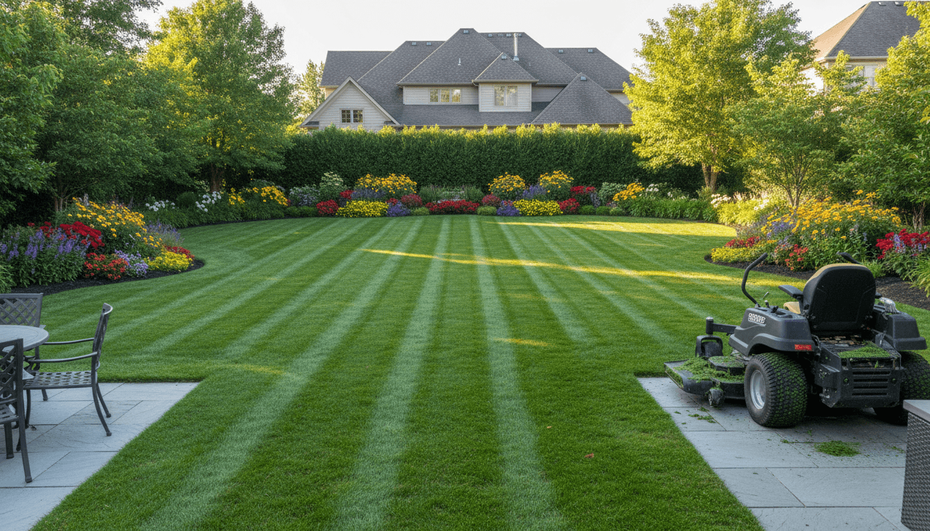 Green healthy lawn with neat edges in front of a suburban home