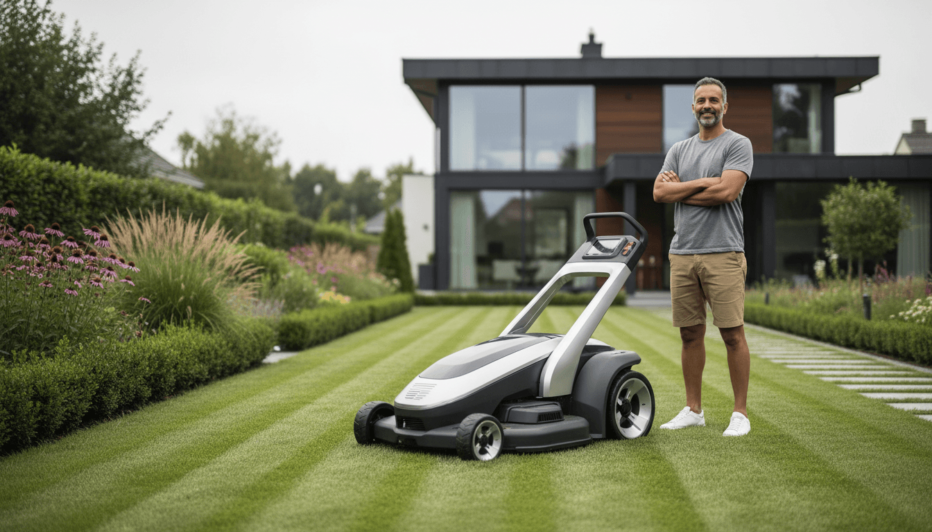 Lawn mower cutting a healthy green lawn in a residential yard